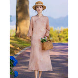 Literary and retro high-end cotton and linen improved cheongsam dress Chinese style Zen women's clothing cotton and linen tea clothing women's spring and summer