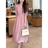 National Style New Chinese Dress  Summer New Temperament V-Neck Short Sleeve Loose Drawstring Waist Skinny Medium and Long Dress
