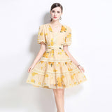 women's clothing  spring and summer new products round neck short-sleeved lace hollow splicing A-word coffee break skirt, short dress