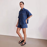 2025 New retro casual loose pocket short-sleeved shirt shorts denim two-piece set