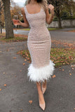 woloong Pearl Vest Feather Patchwork Sequin Bodycon Dress