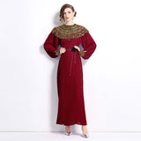 senior celebrity Fan Heavy Industry bead dress skirt temperament imperial sister Fan lantern sleeve pleated loose long dress