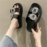 WOLOONG Women's Square Buckle Rhinestone Double Strap Platform Slippers