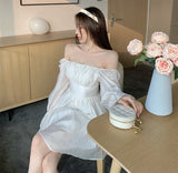 woloong  Pink Sweet Elegant Princess Dress Women Casual Korean Slim Long Sleeve Fairy Dress Female Backless Design Vintage Dress New