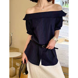 2025  spring new retro women's clothing Korean version new sexy one-word collar striped shirt women 25231