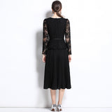 Popular trade year women's clothing temperament socialite  fake two-piece lace crochet pleated long-sleeved pleated dress women