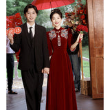 New Chinese Cheongsam Toast Bridal Engagement Wedding Evening Dress Red  New Velvet Long Sleeve Dress
