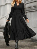 Popular trade 2025 women's clothing  popular spring and autumn fashion solid color lantern long-sleeved V-neck pendulum dress