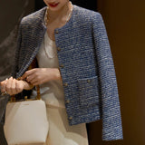 2025 Dream blue shiny silk wool tweed small fragrant short coat  spring new women's collarless top blue