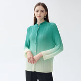 spring gradual change pleated chiffon shirt versatile casual small open neck sweet thin long sleeve printed top women