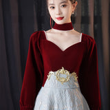 Long Sleeve Toast Bridal Engagement Burgundy Evening Dress  New Fashion Atmospheric Art Examination Dress