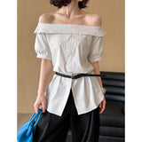 2025  spring new retro women's clothing Korean version new sexy one-word collar striped shirt women 25231