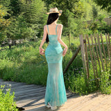 2025 light green printed mesh suspender dress women's summer seaside vacation pure desire sexy fishtail hip wrap dress