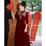 New Chinese Cheongsam Toast Bridal Engagement Wedding Evening Dress Red  New Velvet Long Sleeve Dress