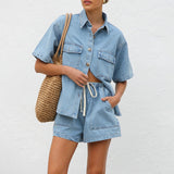 2025 New retro casual loose pocket short-sleeved shirt shorts denim two-piece set