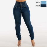 2025 Cross-border  style  new elastic and thin jeans women's button pencil slim-fitting high-waisted hip-lifting trousers