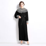 senior celebrity Fan Heavy Industry bead dress skirt temperament imperial sister Fan lantern sleeve pleated loose long dress
