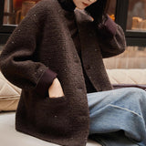 2025 Wool alpaca sequined small fragrant jacket V-neck short top  spring new product, high-end women's clothing