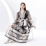 Women's Clothing  Early Spring - Vacation Wrap Lace-Up Style V-Neck Lantern Sleeve Long Vintage Printed Dress