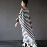 spring new ethnic style literary and retro robe medium and long retro loose striped cotton and linen dress women