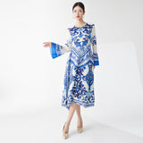 2025 Hot trade women's dress design sense high sense blue and white porcelain horn sleeves loose a-shaped skirt thin skirt