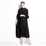 Miyake three-dimensional flower long dress women's new solid color bead applique bubble sleeve disc flower semi-turtleneck pleated dress