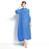 Miyake three-dimensional flower long dress women's new solid color bead applique bubble sleeve disc flower semi-turtleneck pleated dress