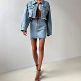 Popular,   new long-sleeved denim dress spring women's  design super short top thin suit short skirt