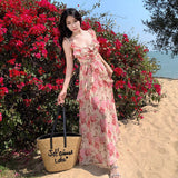 2025 Holiday style chiffon floral dress female sweet fairy belt big halter skirt thin beach temperament long dress