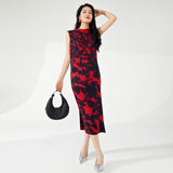 2025 Fashion high-end pleated dress women's sleeveless printed fish scale pleated split temperament elegant medium and long one-step skirt