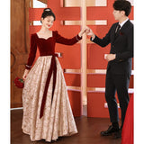 New Chinese toast dress bride  new burgundy debut banquet wedding engagement evening dress back door