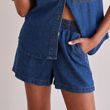 2025 Casual wind  summer new New Popular trade washed retro solid color short-sleeved shirt shorts denim suit women