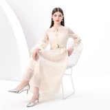 Early Spring - Retro Style Crew Neck Lantern Sleeve Embroidered Wide Swing Long Dress