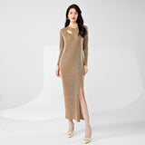 2025 Bronzing high-end dress high-end sense long-sleeved autumn new skirt split ends fashion temperament elegant dress long dress