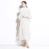 Miyake three-dimensional flower long dress women's new solid color bead applique bubble sleeve disc flower semi-turtleneck pleated dress