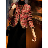 2025 Heavy Industry Premium Wool Xiaoxiangfeng Jacket Red Woven Tweed Thousand Birds Plaid Women's Autumn and Winter Short