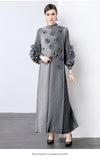 Elegant bead three-dimensional flower dress women's spring pleated bubble sleeve disc flower large size elastic slim dress