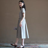 summer Mori retro literary temperament plaid shirt skirt lace-up waist Japanese medium and long dress women