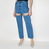 2025 Hot trade wholesale fashion niche diamond beads design sense middle waist straight long thigh hollow jeans women's clothing