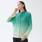 spring gradual change pleated chiffon shirt versatile casual small open neck sweet thin long sleeve printed top women