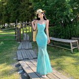2025 light green printed mesh suspender dress women's summer seaside vacation pure desire sexy fishtail hip wrap dress