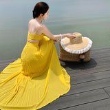 2025 Thailand seaside vacation beach dress to ankle atmosphere waist thin bright yellow beautiful suspender dress