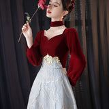 Long Sleeve Toast Bridal Engagement Burgundy Evening Dress  New Fashion Atmospheric Art Examination Dress