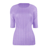 Miyake summer new Korean version simple basic solid color round neck pleated t-shirt slim and thin bottoming shirt top