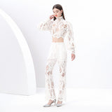 women's clothing  early spring new vacation style stand-up collar hollow lace lantern sleeve top trousers two-piece set