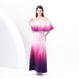 women's clothing  early spring new gradual change holiday wind one-word shoulder ruffle edge holiday printing long dress