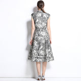 Fashion celebrity temperament short-sleeved lapel waist a-character ink painting printed shirt dress elegant big swing dress