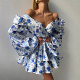 summer new V-neck low-cut  hot girls high waist waist fashion floral princess dress women