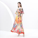 women's clothing  early spring - painted holiday one-word shoulder pleated ruffle edge holiday printed long dress