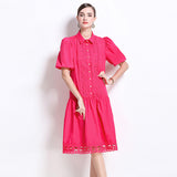 lace hollow splicing bubble sleeve temperament dress women's  summer new white loose medium and long dress